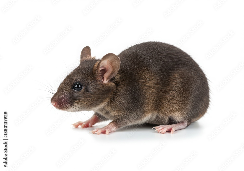 A small brown mouse with pink nose and ears sitting on a white surface looking to the left side A small brown mouse with pink nose and ears sitting on a white surface looking to the left side