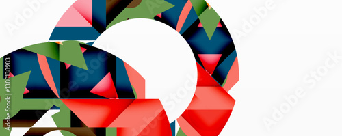 Abstract geometric composition. Colorful triangles form partial circle. White space creates dynamic visual effect. Modern design.