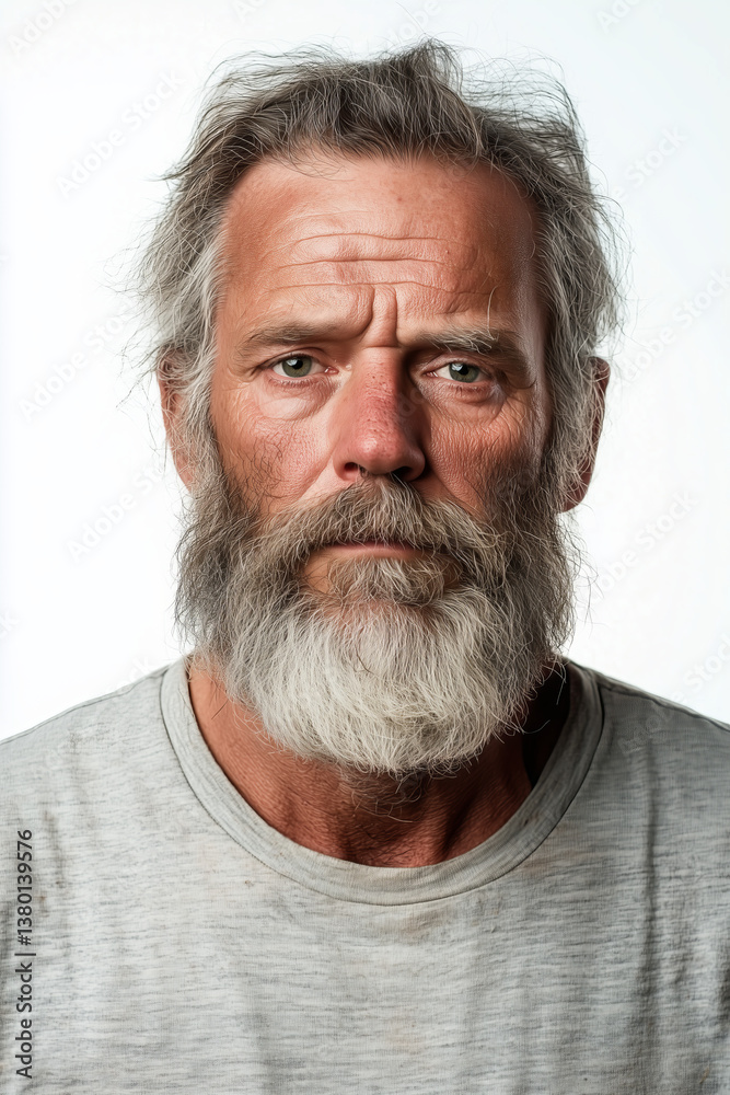 Expressive mature man with a grey beard and captivating blue eyes showcasing wisdom and experience in a neutral setting Expressive mature man with a grey beard and captivating blue eyes showcasing wisdom and experience in a neutral setting