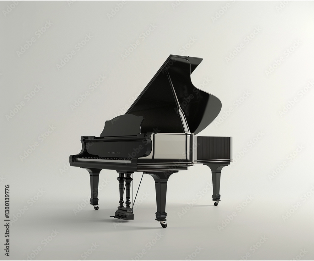 A grand piano with a black and silver finish sits on a white background. The piano is open and ready to be played. Concept of elegance and sophistication, as the piano is a classic A grand piano with a black and silver finish sits on a white background. The piano is open and ready to be played. Concept of elegance and sophistication, as the piano is a classic
