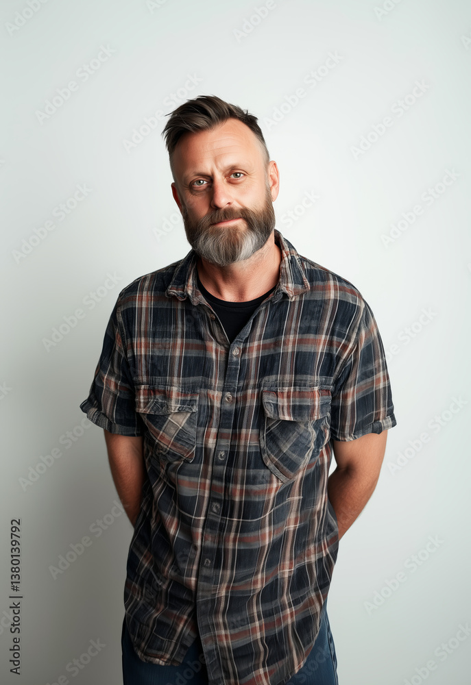 Mature man with beard poses against a light backdrop in casual attire, displaying confidence and warmth with a slight smile and relaxed demeanor Mature man with beard poses against a light backdrop in casual attire, displaying confidence and warmth with a slight smile and relaxed demeanor
