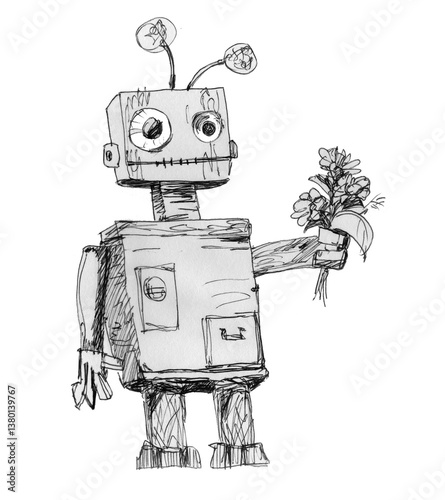A robot gives flowers. Vintage robot in cartoon style. Character for a postcard. A comical robot congratulates you.