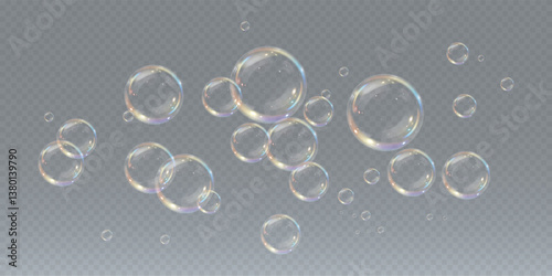 Realistic soap bubble vector illustration featuring a transparent, three-dimensional glossy ball. Clean and colourful with a rainbow shine, perfect for backgrounds, beauty products, or PNG overlays.