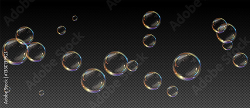 Realistic soap bubble vector illustration featuring a transparent, three-dimensional glossy ball. Clean and colourful with a rainbow shine, perfect for backgrounds, beauty products, or PNG overlays.