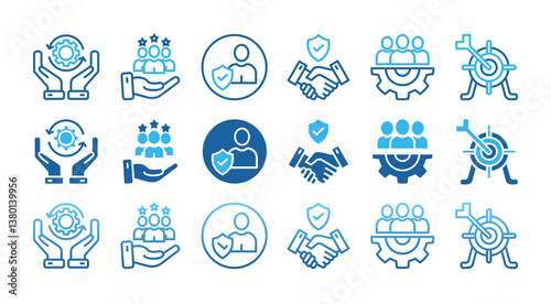 CORE VALUES.icon with multiple style innovation, goals, teamwork, commitment, integrity, customers, and responsibility