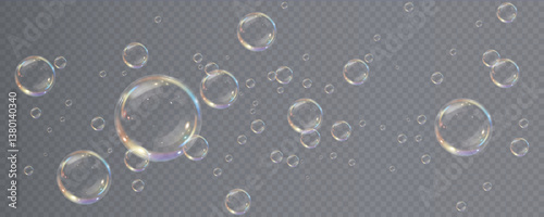 Realistic soap bubble vector illustration featuring a transparent, three-dimensional glossy ball. Clean and colourful with a rainbow shine, perfect for backgrounds, beauty products, or PNG overlays.	
