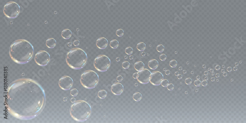 Realistic soap bubble vector illustration featuring a transparent, three-dimensional glossy ball. Clean and colourful with a rainbow shine, perfect for backgrounds, beauty products, or PNG overlays.	
