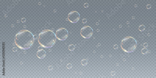 Realistic transparent soap bubbles with glossy shine and flying motion. Perfect for clean water concepts, shampoo visuals, decorative design, and underwater-themed vector illustrations.