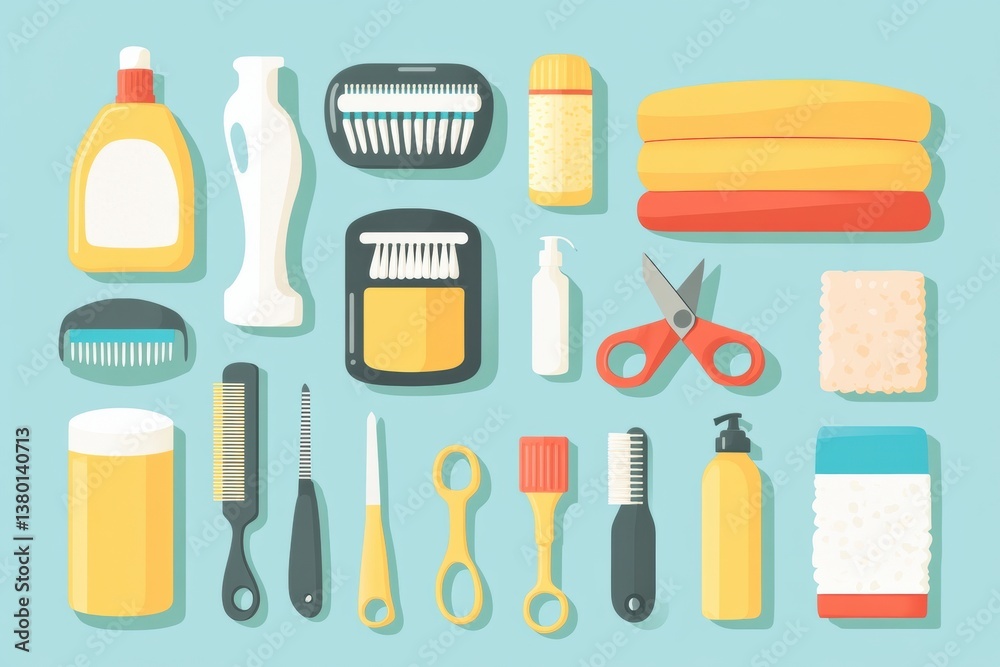 Flat icon set showcasing essential pet grooming products like brushes, scissors, and shampoos on a clean background for pet care enthusiasts Flat icon set showcasing essential pet grooming products like brushes, scissors, and shampoos on a clean background for pet care enthusiasts