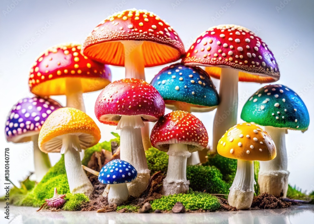 Obraz premium High-resolution images of vibrant, colorful mushrooms, both edible and non-edible, set against a clean white background.