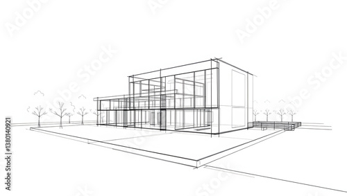 Architectural sketch of a modern house with a minimalist design and large windows, outdoors.