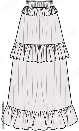  Tiered Maxi Skirt with Ruffles and Frills. Fashion Illustration, Vector, CAD, Technical Drawing, Flat Drawing, Template, Mockup