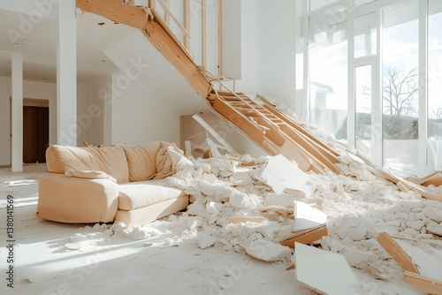 Earthquake aftermath Interior damage under inspection