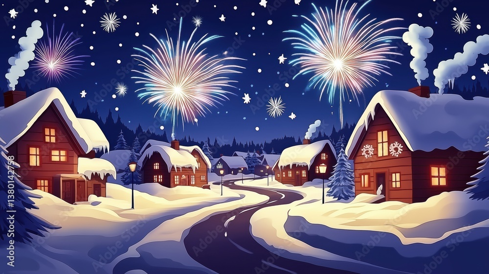 Snowy night village fireworks celebration: the warm snow cottage is full of festive atmosphere against the background of fireworks