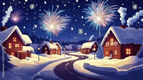 Obraz na płótnie Snowy night village fireworks celebration: the warm snow cottage is full of festive atmosphere against the background of fireworks w salonie