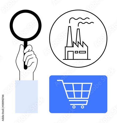 Hand holding magnifying glass, factory inside circle for industry, blue shopping cart for e-commerce. Ideal for analysis, industry, economy, supply chain, commerce retail innovation. Minimal flat
