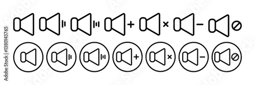 Set of audio icon. No sound, no speaker, sound, speaker, mute, volume off on sign, silent mode symbol collection illustration.