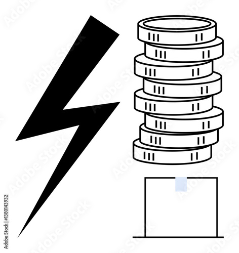 Lightning bolt represents instant energy or power, coin stack symbolizes wealth and savings, card reader references modern transactions. Ideal for finance, fintech, energy, payment processing
