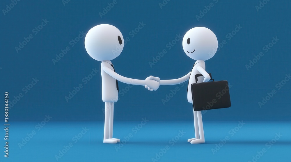 Two white cartoon characters shake hands to reach an agreement, a business cooperation scene, the image is vivid and interesting.