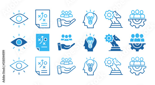 GOALS icon set with multiple style vision, plan, support, ideas, strategy, team, motivation, and success