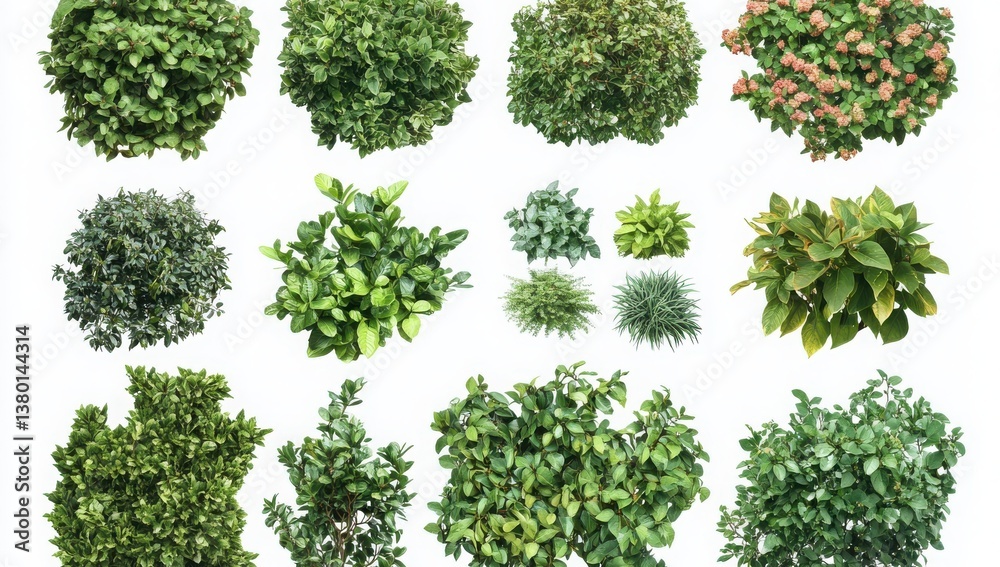 Obraz premium Set of 15 various green bushes and shrubs on white background