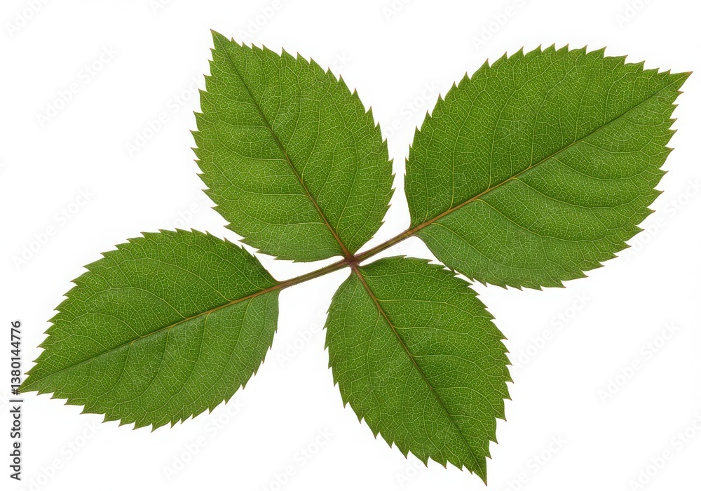 A close up of four vibrant green rose leaves connected to a stem on a stark white background isolated A close up of four vibrant green rose leaves connected to a stem on a stark white background isolated