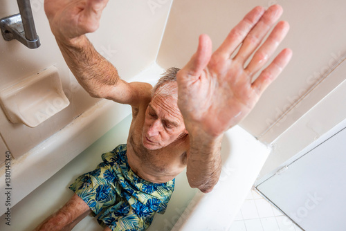 An old but fit man doing a seated upward stretch in his bathtub. A mindful motion inspired by Urdhva Hastasana yoga pose for flexibility and focus.
