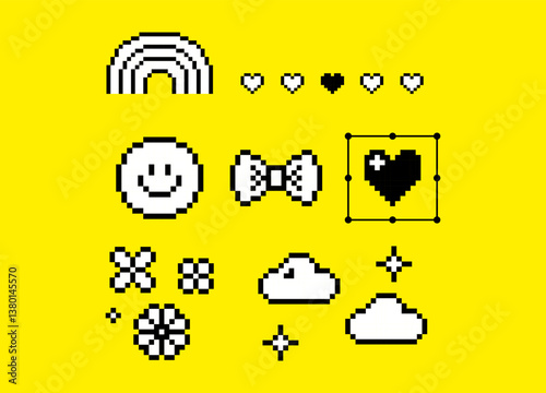 Smile, rainbow, bow, flower and funny game elements on a yellow color background. Y2k inspired retro pixel art vector illustration. Mood of 90s pattern. Trendy digital 8 bit collage sticker, banner