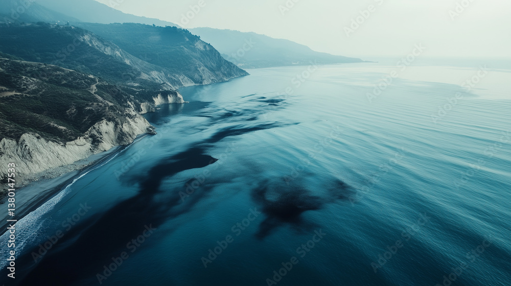 Fototapeta premium Ocean surface with oil spill near coastal cliffs