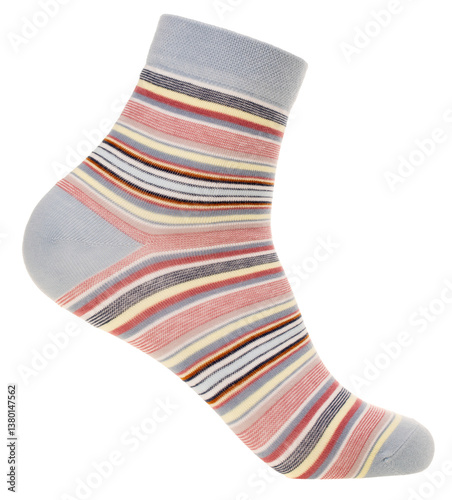 A single ankle-length sock featuring a vibrant striped pattern in multiple colors with grey accents on the cuff, heel, and toe, displayed on foot mannequin isolated on a white background