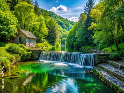 Serene Jaskovo Waterfall, Dobra River. Minimalist dam landscape.