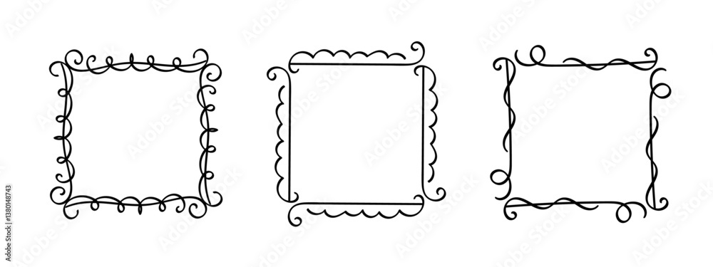 Square doodle frames, hand-drawn wavy curly monograms. Edgings and cadres with simple sketchy scribble swirl design elements. Isolated. Vector illustration.