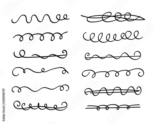 Underlines set, hand drawn marker pen strokes. Doodle style collection wavy curly various strips art lines.Isolated.Vector illustration