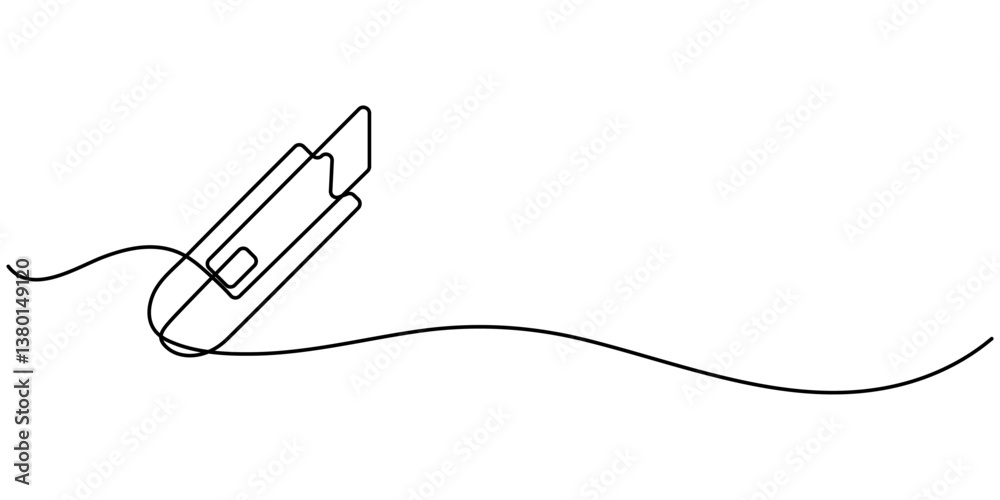 Obraz premium One continuous line drawing of cutter . Single line of cutter vector illustration, One single line drawing of man holding cutter knife. Handyman tools concept. Continuous line draw vector design. 
