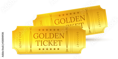 2 golden tickets for event, cinema, theater, vip pass on white background