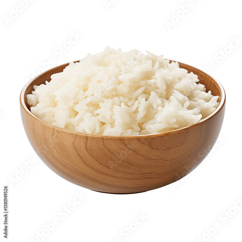 coocked rice in wooden bowl isolated on transparent background.