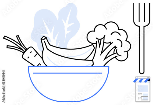 Bowl with banana, carrot, broccoli, leafy greens, complemented by oversized fork and storefront. Ideal for health, nutrition, fresh produce, organic food vegetarian lifestyle diet plans and local