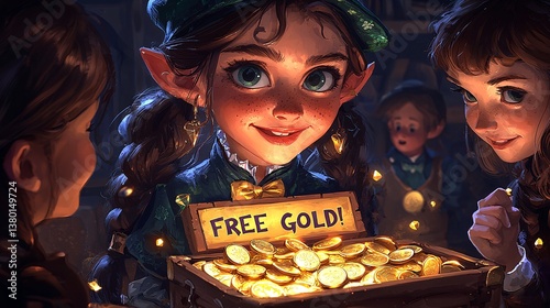 Enchanting Elf Offers Treasure to Joyful Friends in Fantasy Setting