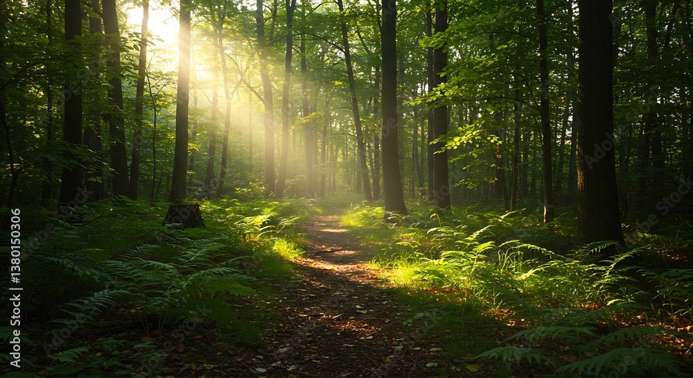 Obraz premium Sunlit Path, Verdant Embrace AI Generated