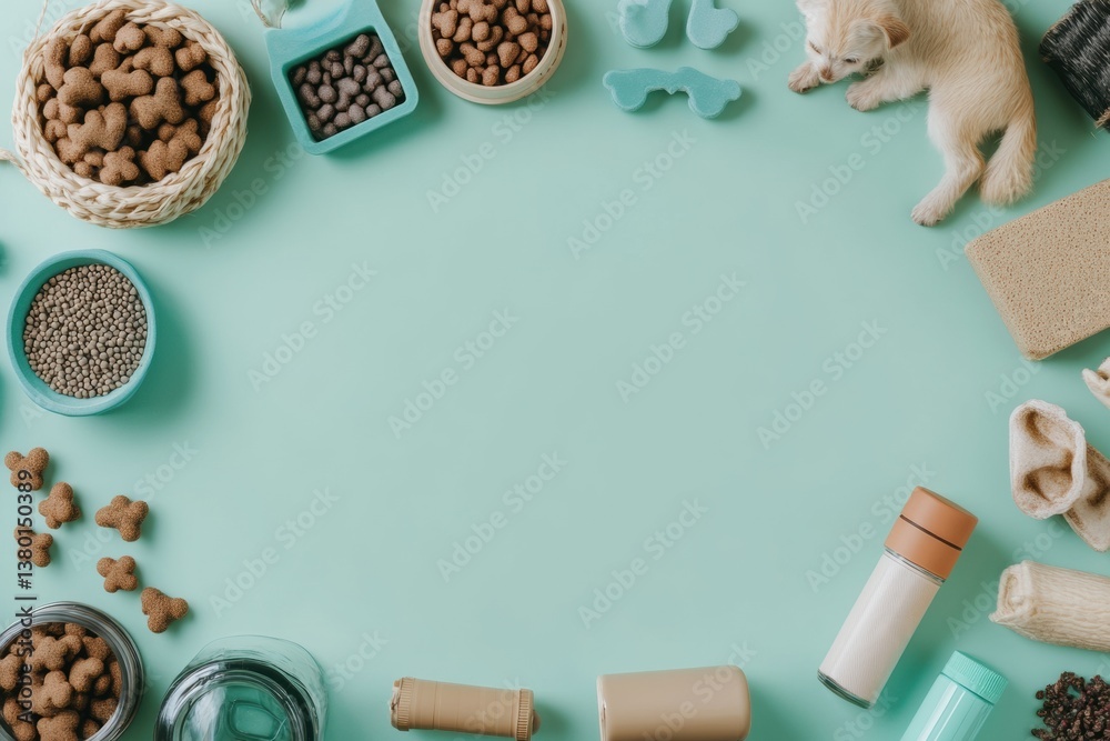 Explore a curated selection of pet products arranged in a flat lay style on a neutral surface, perfect for e-commerce presentation and product highlighting