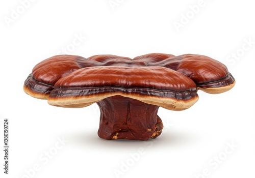 Isolated image showcasing a ganoderma mushroom with a glossy brown surface on a white background photo