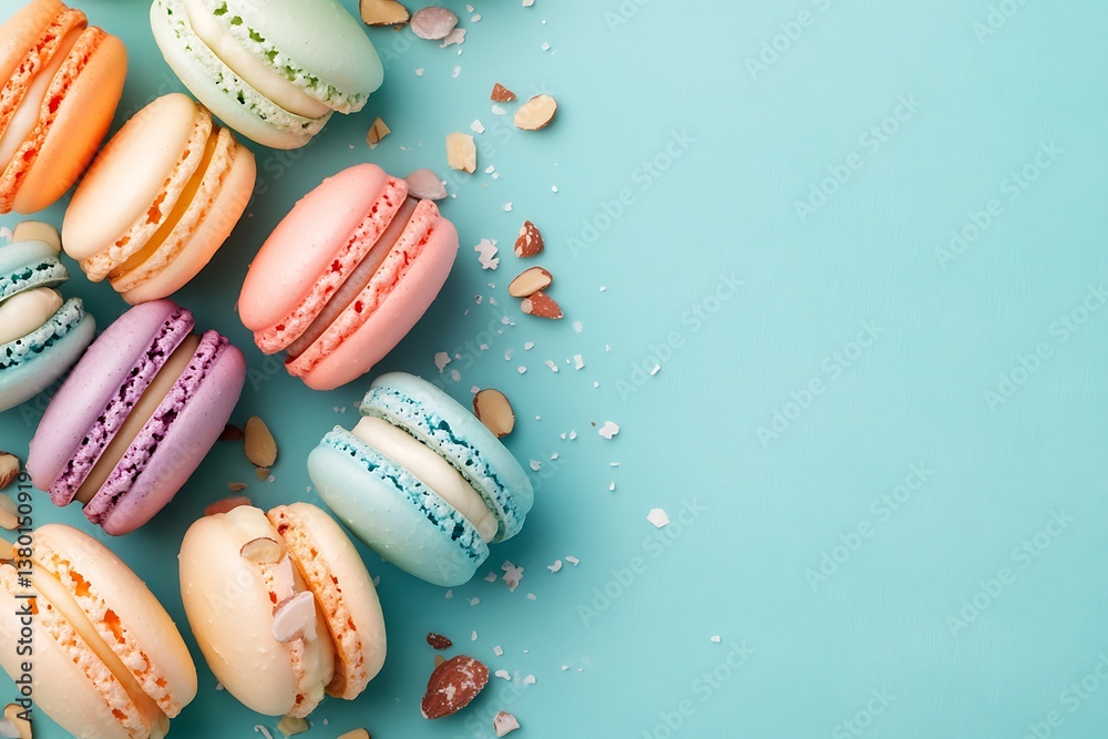 custom made wallpaper toronto digitalA delightful collection of pastel macarons, a sweet symphony of colors and flavors, arranged on a tranquil blue background with delicate almond slivers.
