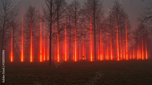 Enigmatic Forest Illuminated by Fiery Vertical Lights in Fog
