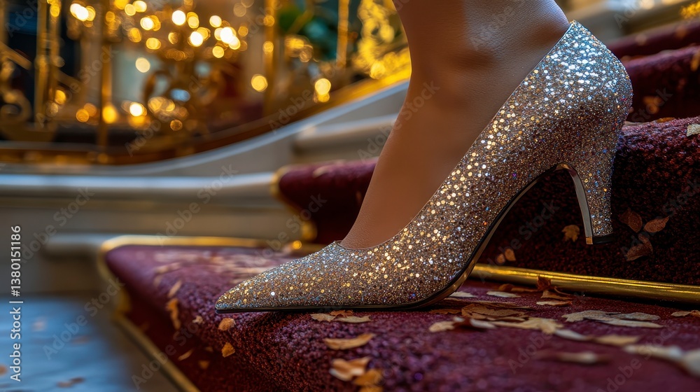 Glittering heel on stairs. Opulent railing and fallen leaves accent the scene Glittering heel on stairs. Opulent railing and fallen leaves accent the scene