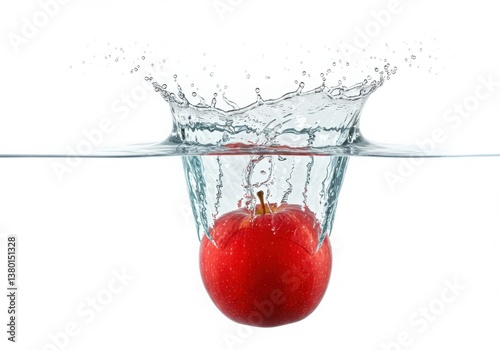 Red apple plunging into water creating a splash against a clean white studio background image view