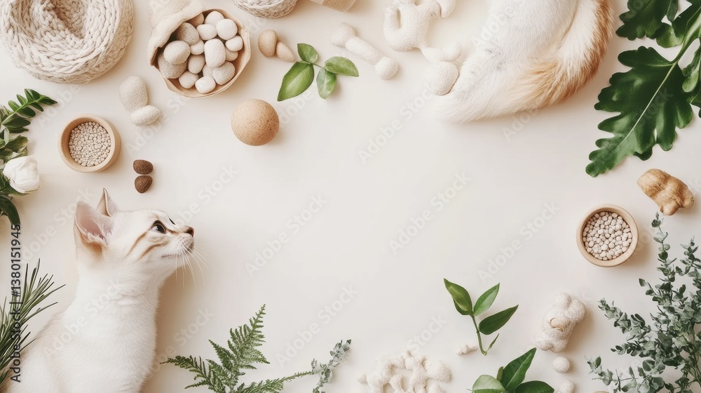 Fototapeta premium Pet product flat lay featuring natural elements on a neutral surface perfect for e-commerce showcasing