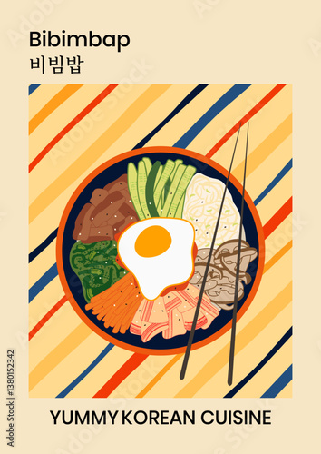 Korean cuisine poster design. Traditional bibimbap vector illustration. Delicious asian dish with chopsticks on colorful striped background with Korean typography for kitchen, restaurant wall art