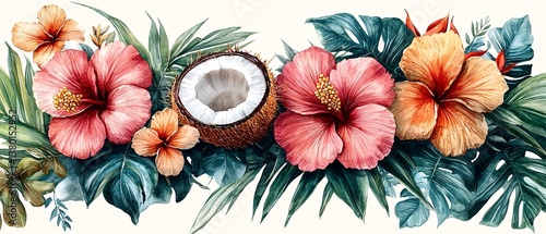 Tropical Floral Arrangement with Hibiscus and Coconut Elements