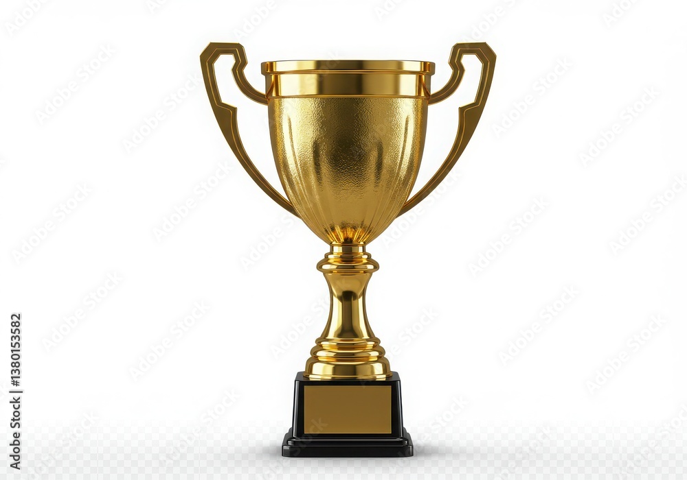 A shiny golden trophy with handles sitting on a black base against a white background studio shot A shiny golden trophy with handles sitting on a black base against a white background studio shot