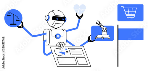 Robot multitasking with scales for ethics, heart for healthcare, robotic arm for automation, shopping cart for e-commerce, and control panel. Ideal for technology, innovation, AI ethics, automation